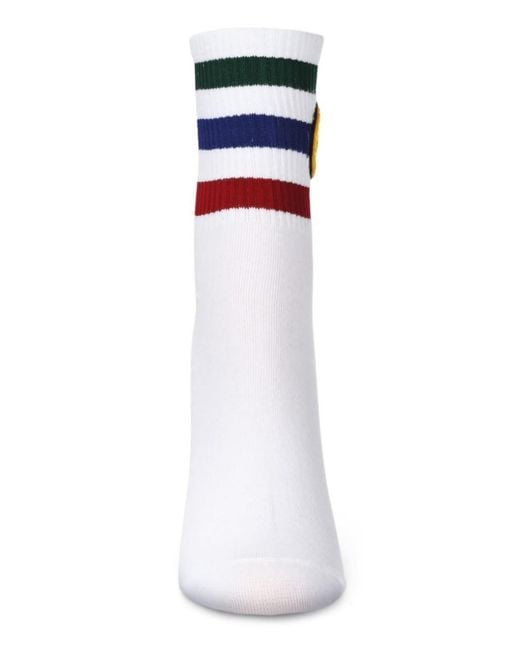 Memoi White Smiley Terry Patch Stripe Crew Socks