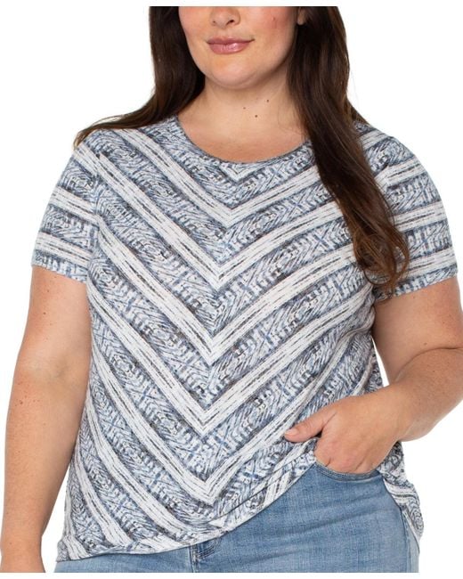 Liverpool Los Angeles Gray Liverpool Plus Size Ikat-print Mitered Knit Short-sleeve Top
