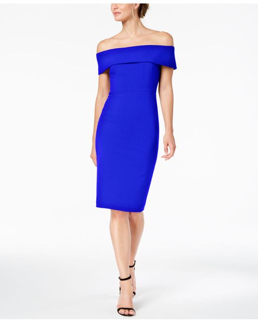 Calvin Klein Blue Off-the-shoulder Scuba Crepe Dress