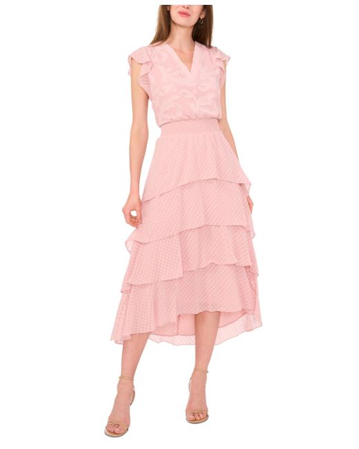 Vince Camuto Pink V-neck Flutter-sleeve Tiered Dress