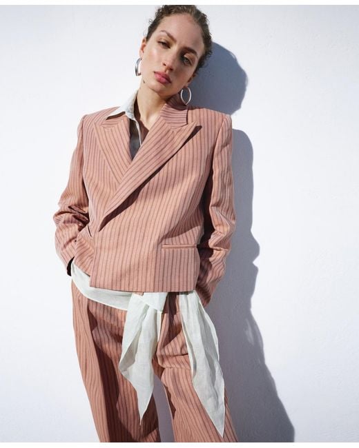 Mango Pink Selection Cropped Striped Linen Blazer