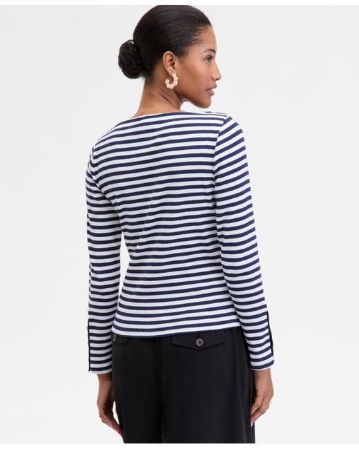 On 34th Blue Button-cuff Boatneck Top