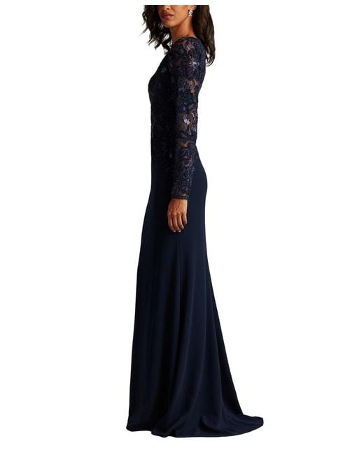 Tadashi Shoji Blue Forena Embroidered Crepe Gown