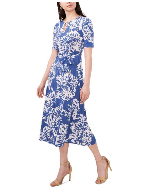 Msk Blue Printed Three-ring-neck Short-sleeve Midi Dress
