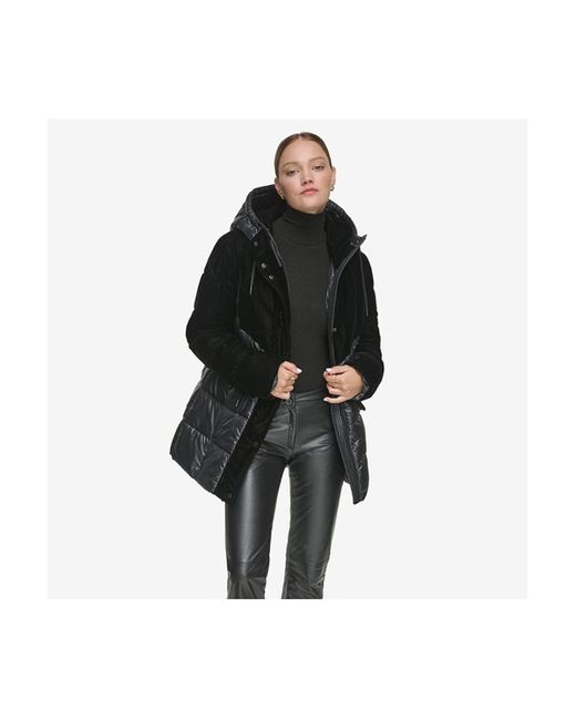 Andrew Marc Black Varna Velvet Mixed Quilted Puffer Jacket Within Attached Hood