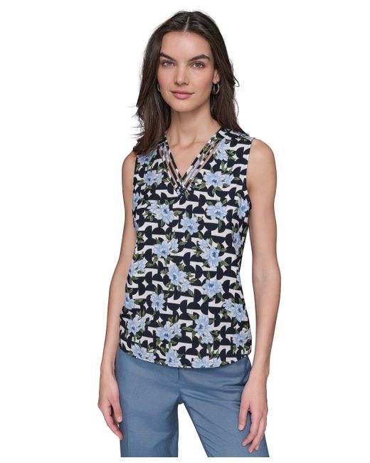 Karl Lagerfeld Blue Mixed-print Strappy-neck Top