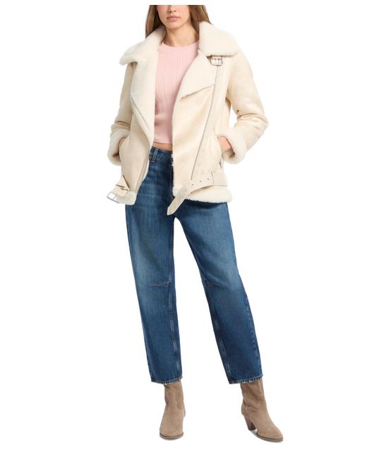 Guess Natural Faux-shearling Asymmetric Moto Coat