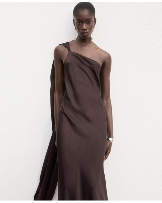 Mango Asymmetrical Satin Dress in Brown