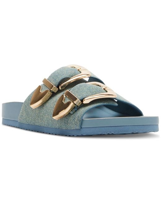 Madden Girl Blue Bandero Double-buckled Footbed Slide Sandals