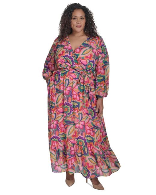 Jessica Howard Women's Red Plus Size Printed Tie-waist Blouson