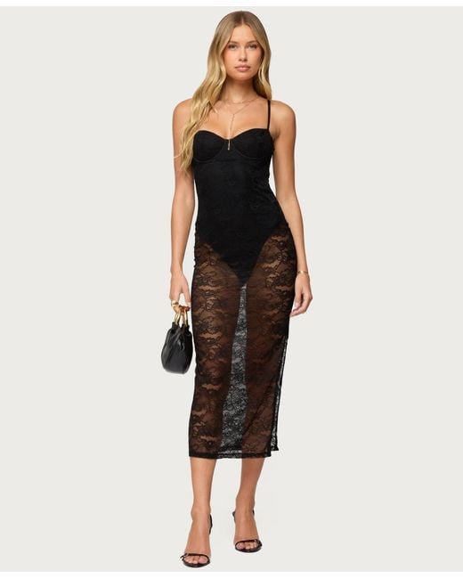 Edikted Black Sheer Lace Built In Bodysuit Midi Dress