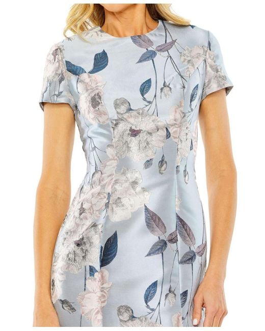 Mac Duggal Blue Short Sleeve Fitted Floral Mini Dress