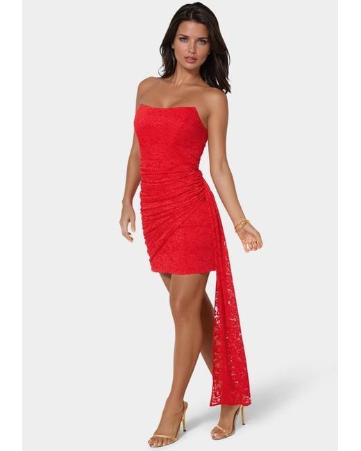 Bebe Strapless Lace Drape Detail Mini Dress in Red | Lyst