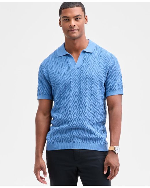 Alfani Blue Johnny-collar Ribbed Geo Polo Shirt for men