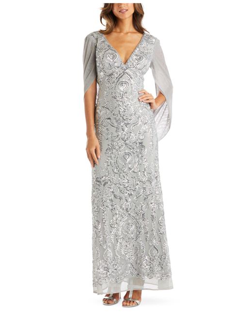 R & M Richards Synthetic Sequin Drape-back Cape Gown in Silver ...