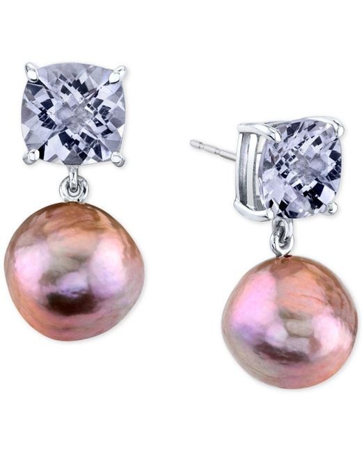 Macy's Metallic Pink Baroque Cultured Freshwater Pearl (12mm) & Pink Amethyst (5-5/8 Ct. T.w.) Drop Earrings In Sterling Silver