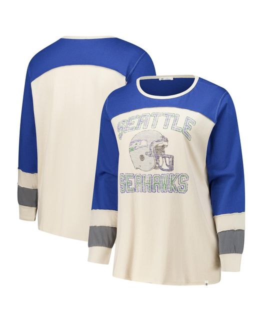 '47 Blue Cream/royal Seattle Seahawks Plus Size Double Header Curve Toni Long Sleeve T-shirt