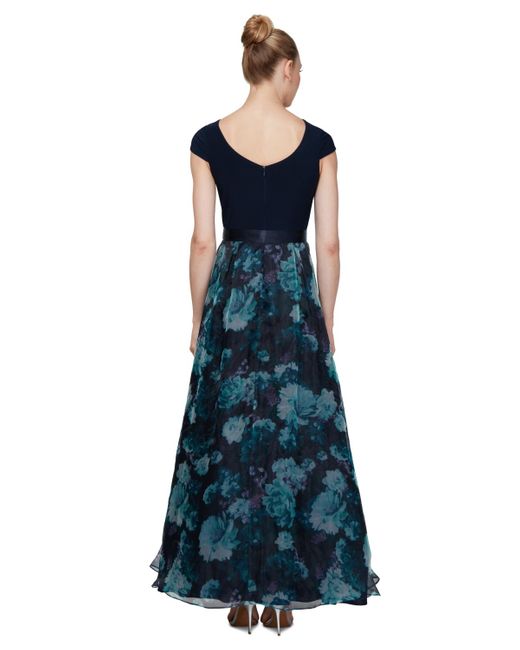 Sl Fashions Blue Petite Floral-organza Satin-bow Gown