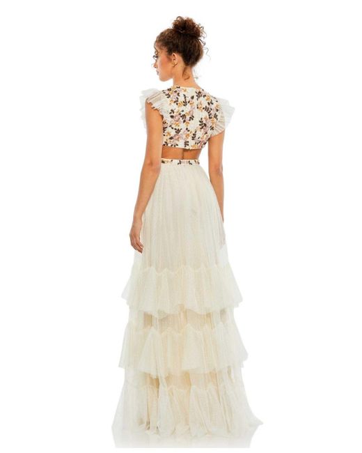 Mac Duggal Natural Embroidered Bodice Cap Sleeve Ruffle Tiered Gown