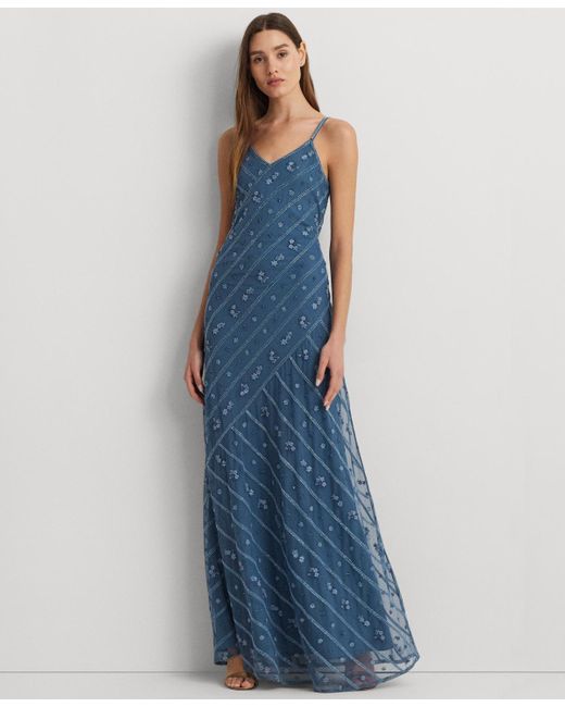 Lauren by Ralph Lauren Blue Striped Floral Tulle Gown