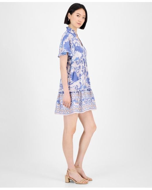 Sandra Darren Blue Printed Short-sleeve Shift Dress
