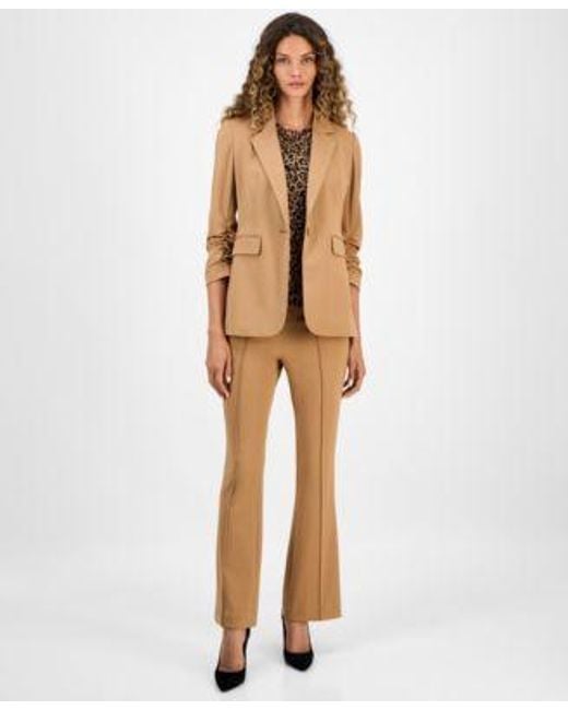 BarIII Natural One Button Scrunched Sleeve Jacket Leopard Print Short Sleeve Mesh Top High Rise Flared Leg Pants Macys Exclusive