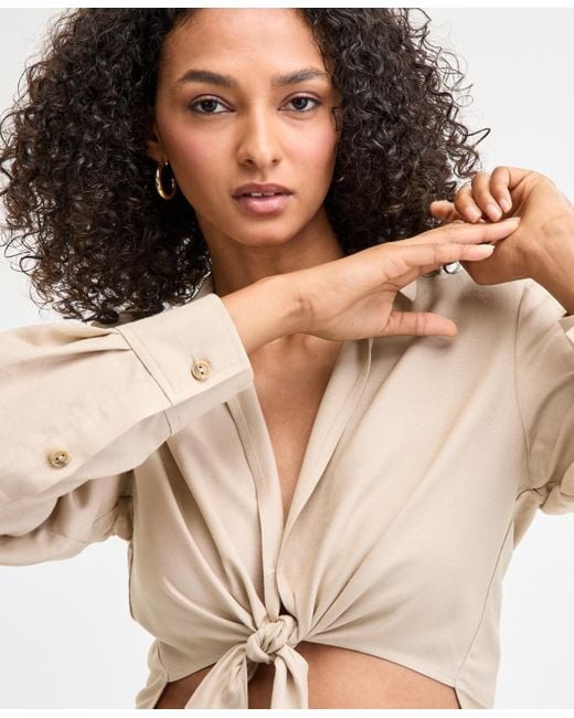 BarIII Natural Collared Tie-hem Blouse