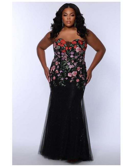 Sydney's Closet Black Sweetheart Neckline Fitted Floral Gown