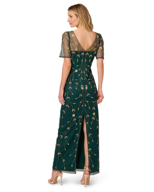 Adrianna Papell Printed Bead Mesh Long Dress in Green | Lyst
