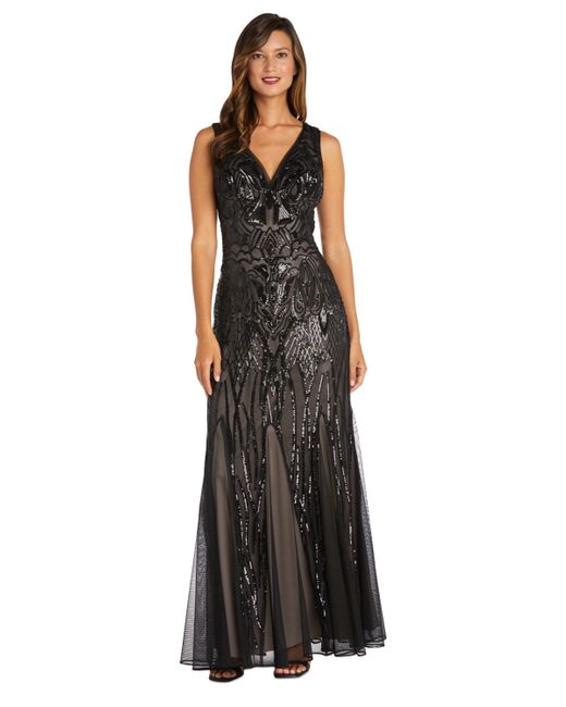 R & M Richards Black Petite Sequinned-pattern Evening Gown