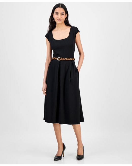 Julia Jordan Black Square-neck Cap-sleeve Fit & Flare Dress