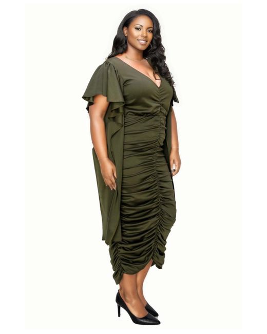 L I V D Green Plus Size Nadia Ruched V Neck Dress