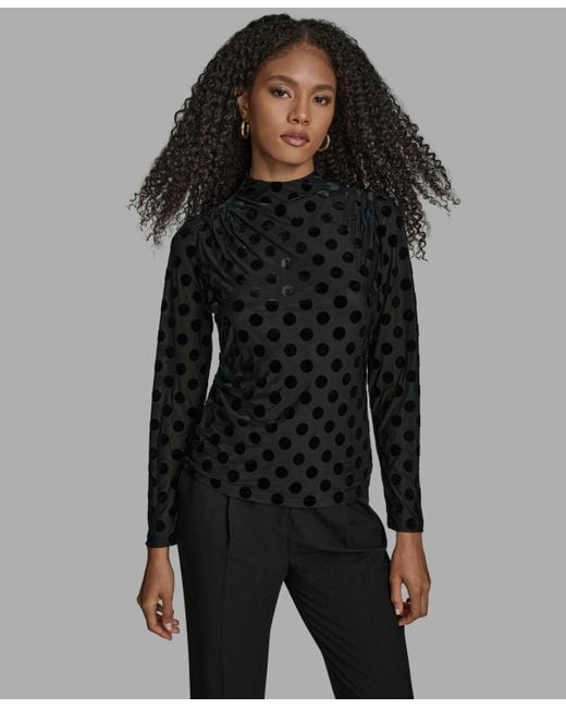 BCBGMAXAZRIA Black Polka Dot Print Long Sleeve Blouse