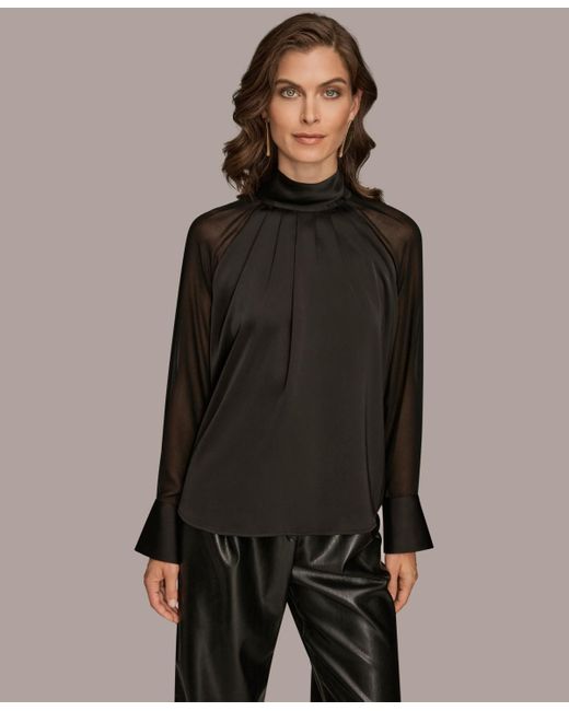 Donna Karan Black High Neck Mix Media Blouse