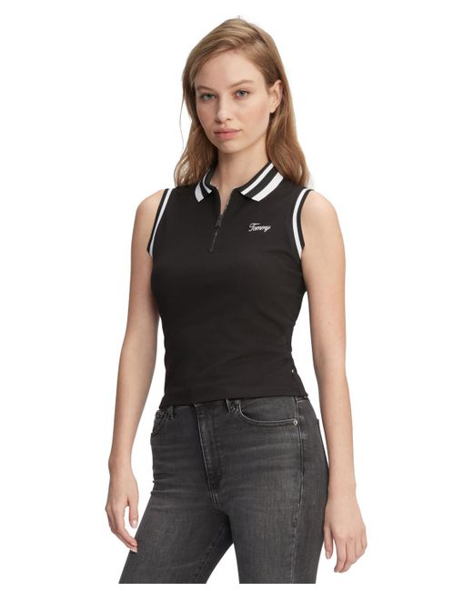 Tommy Hilfiger Black Striped-edge Zippered Polo Top