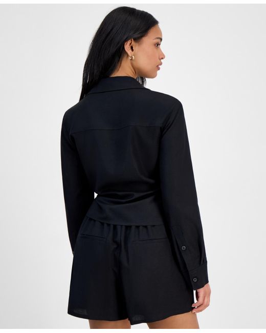 BarIII Black Collared Tie-hem Blouse