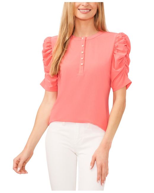 Cece Pink Ruched Puff-sleeve Henley Knit Top