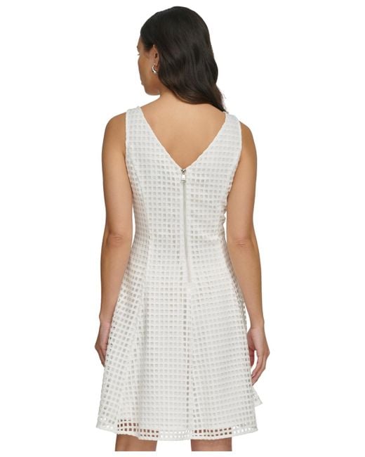DKNY White Grid Cutout Sleeveless A-line Dress