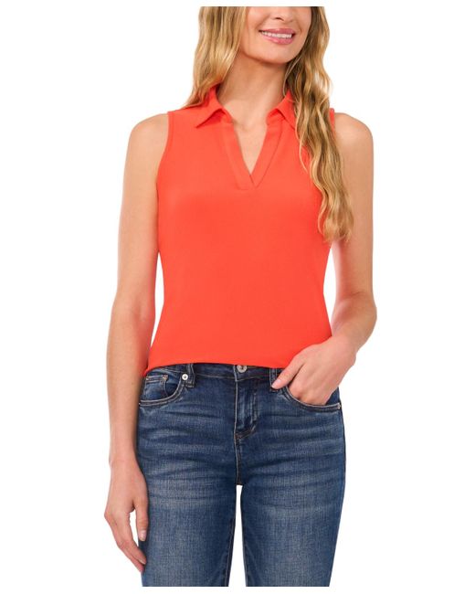 Cece Red Sleeveless Polo-collar Solid-knit Top