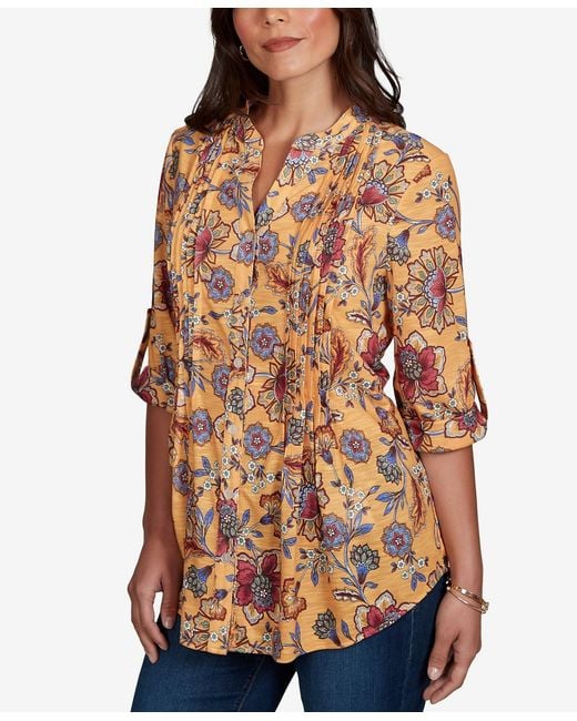 Ruby Rd Orange Petite Vines Henley 3/4-sleeve Button-front Top