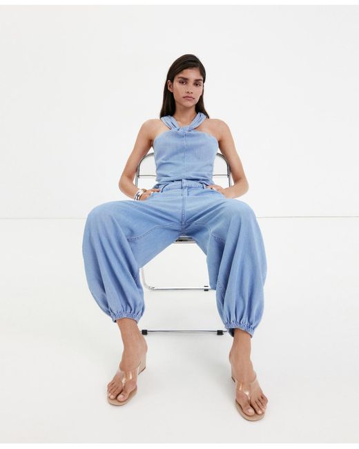 Mango Blue Crossed-strap Denim Top