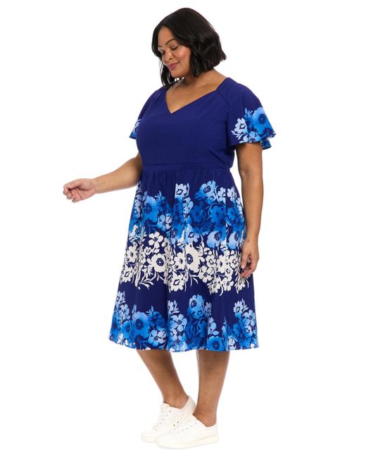 London Times Blue Plus Size Placed-floral Flutter-sleeve Dress