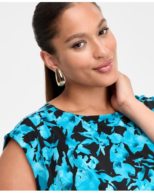INC International Concepts Blue Plus Size Printed Boat Neck Cap Sleeve Top