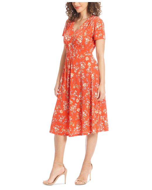 London Times Red Floral-print Fit & Flare Dress