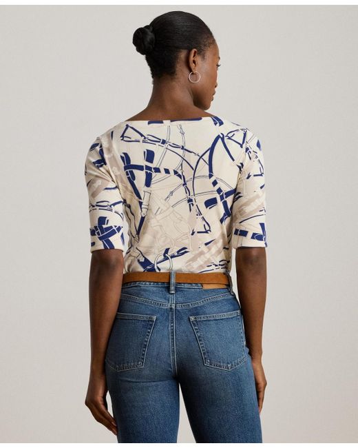 Ralph Lauren Blue Belting Print Cotton Boatneck Tee P Xs Xxl