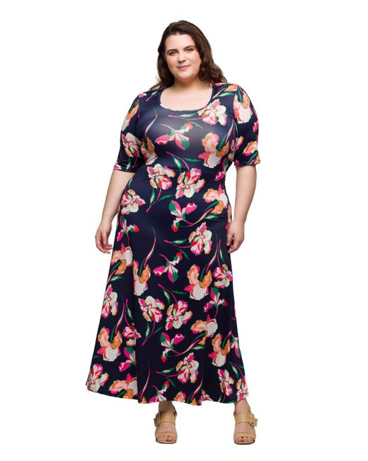 24seven Comfort Apparel Women's Blue Plus Size Print Elbow Sleeve Casual A-line  Maxi Dress - ice4pros.com.br