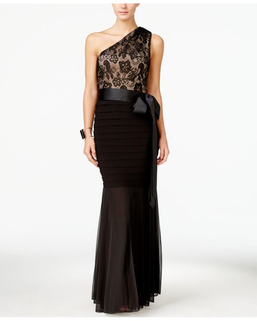 Betsy & Adam Black Lace One-shoulder Mermaid Gown