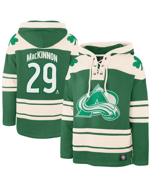 '47 Green Nathan Mackinnon Colorado Avalanche St. Patrick's Day Player Name Number Lacer Pullover Hoodie for men