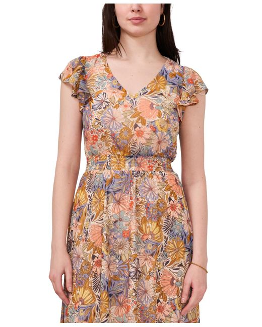 Msk Multicolor Petite Printed Flutter-sleeve V-neck Dress