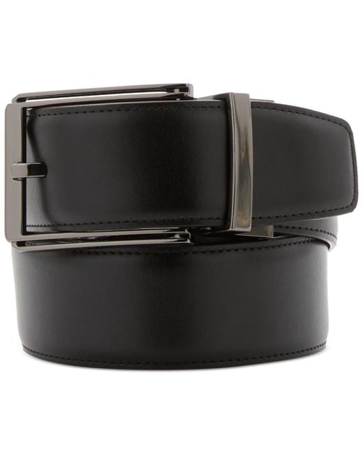 Perry Ellis Portfolio Reversible Leather Dress Belt With Heat Crease, Matte, Stitched, 1.5 Width, Silver Prong Buckle Cintura Uomo